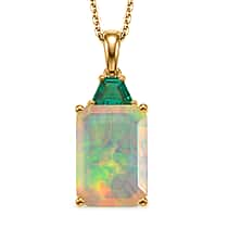 Luxuriant - AAA Ethiopian Opal & Lab Grown Emerald Pendant with Chain (Size -20) in 18K Vermeil Yellow Gold Plated Sterling Silver 3.96 Ct.