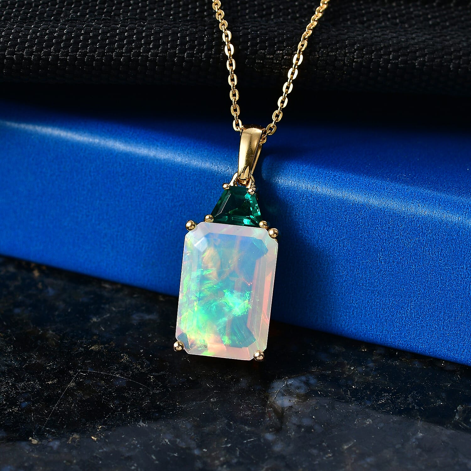 Luxuriant - AAA Ethiopian Opal & Lab Grown Emerald Pendant with Chain (Size -20) in 18K Vermeil Yellow Gold Plated Sterling Silver 3.96 Ct.