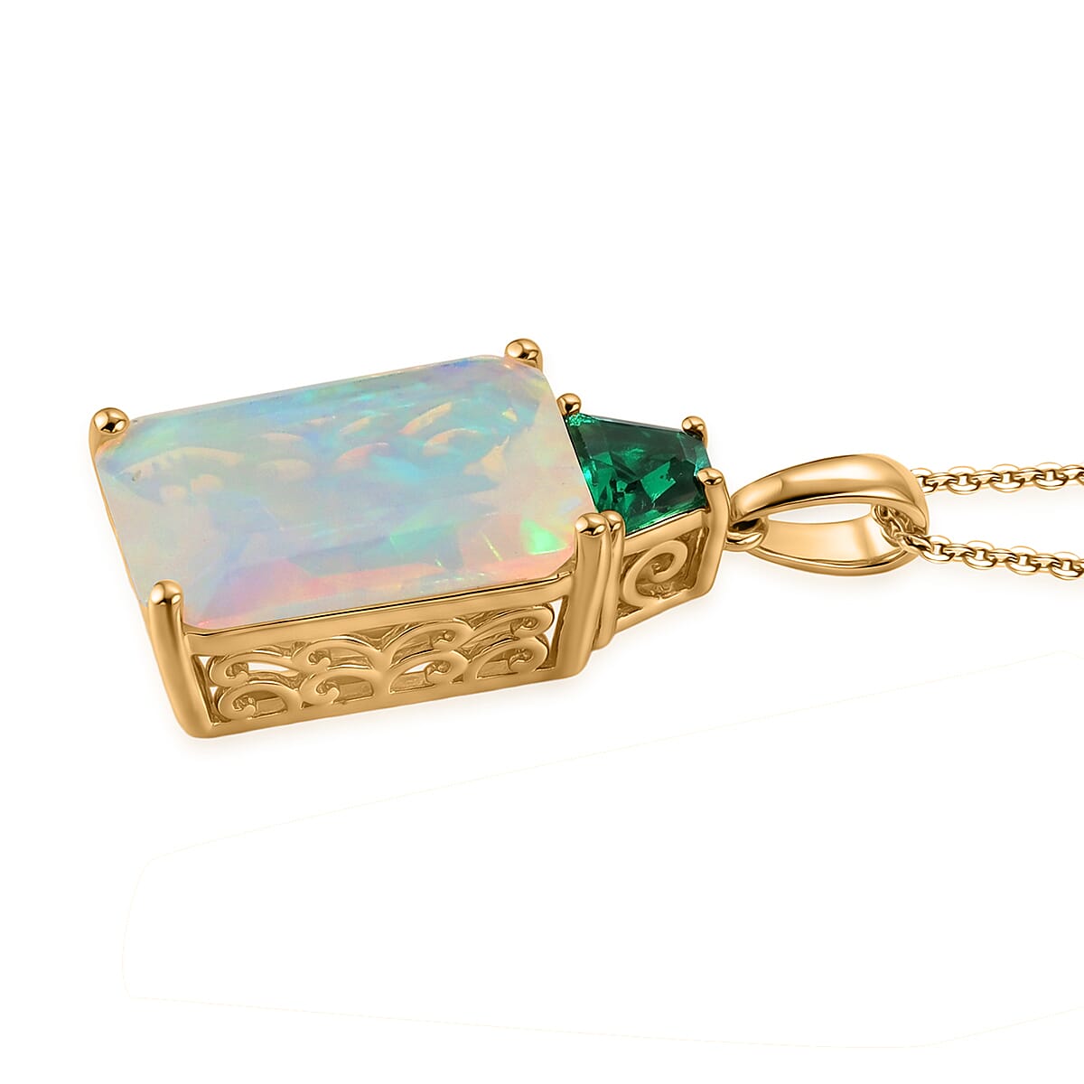 Luxuriant - AAA Ethiopian Opal & Lab Grown Emerald Pendant with Chain (Size -20) in 18K Vermeil Yellow Gold Plated Sterling Silver 3.96 Ct.