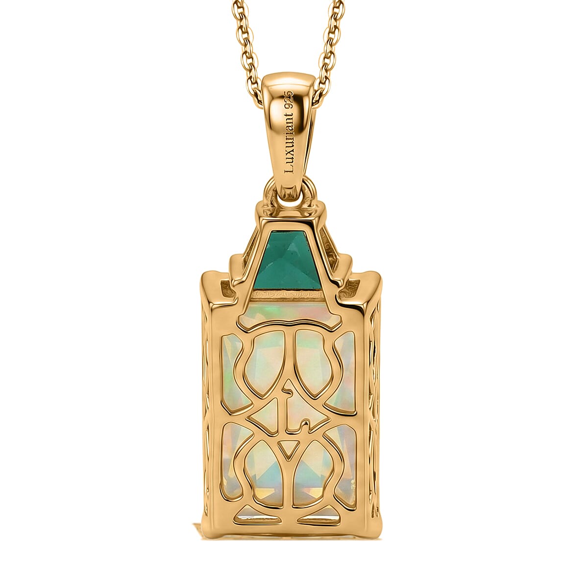 Luxuriant - AAA Ethiopian Opal & Lab Grown Emerald Pendant with Chain (Size -20) in 18K Vermeil Yellow Gold Plated Sterling Silver 3.96 Ct.