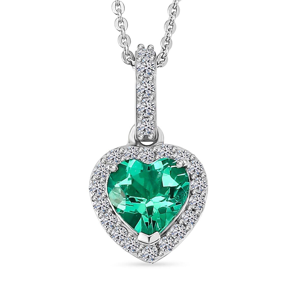 Luxuriant - Lab Grown Columbian Emerald and  Lab Grown Diamond (SI-G-H) Pendant with Chain (Size 20) in Rhodium Overlay Sterling Silver 1.27 Ct.
