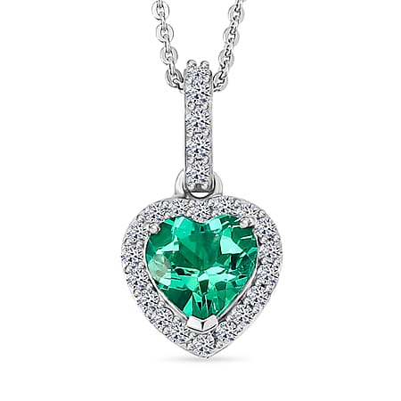 Luxuriant - Lab Grown Columbian Emerald and  Lab Grown Diamond (SI-G-H) Pendant with Chain (Size 20) in Rhodium Overlay Sterling Silver 1.27 Ct.