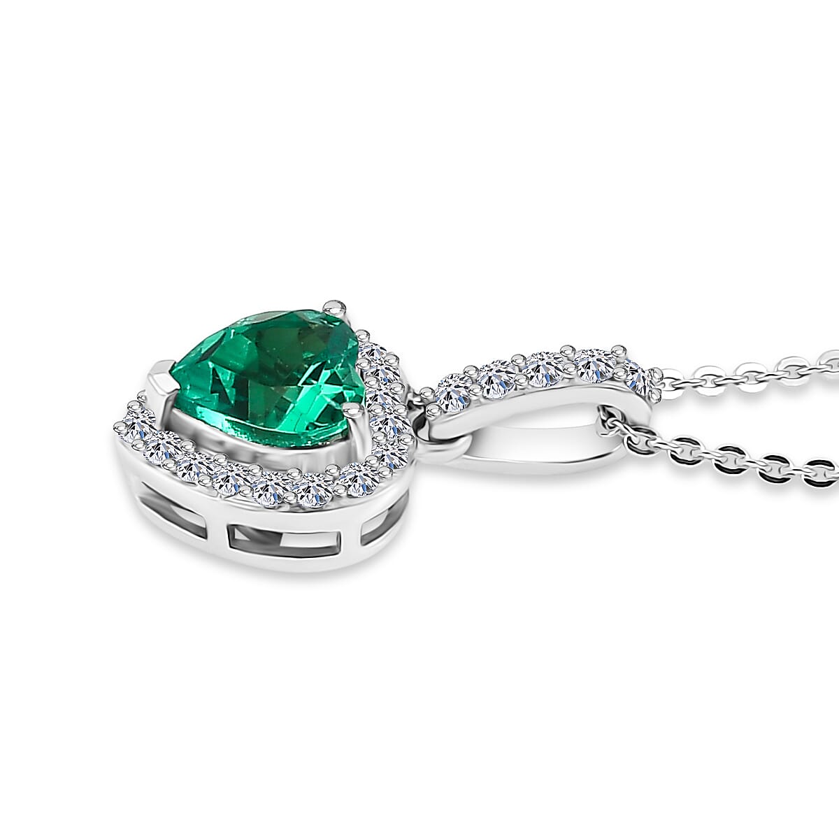 Luxuriant - Lab Grown Columbian Emerald and  Lab Grown Diamond (SI-G-H) Pendant with Chain (Size 20) in Rhodium Overlay Sterling Silver 1.27 Ct.