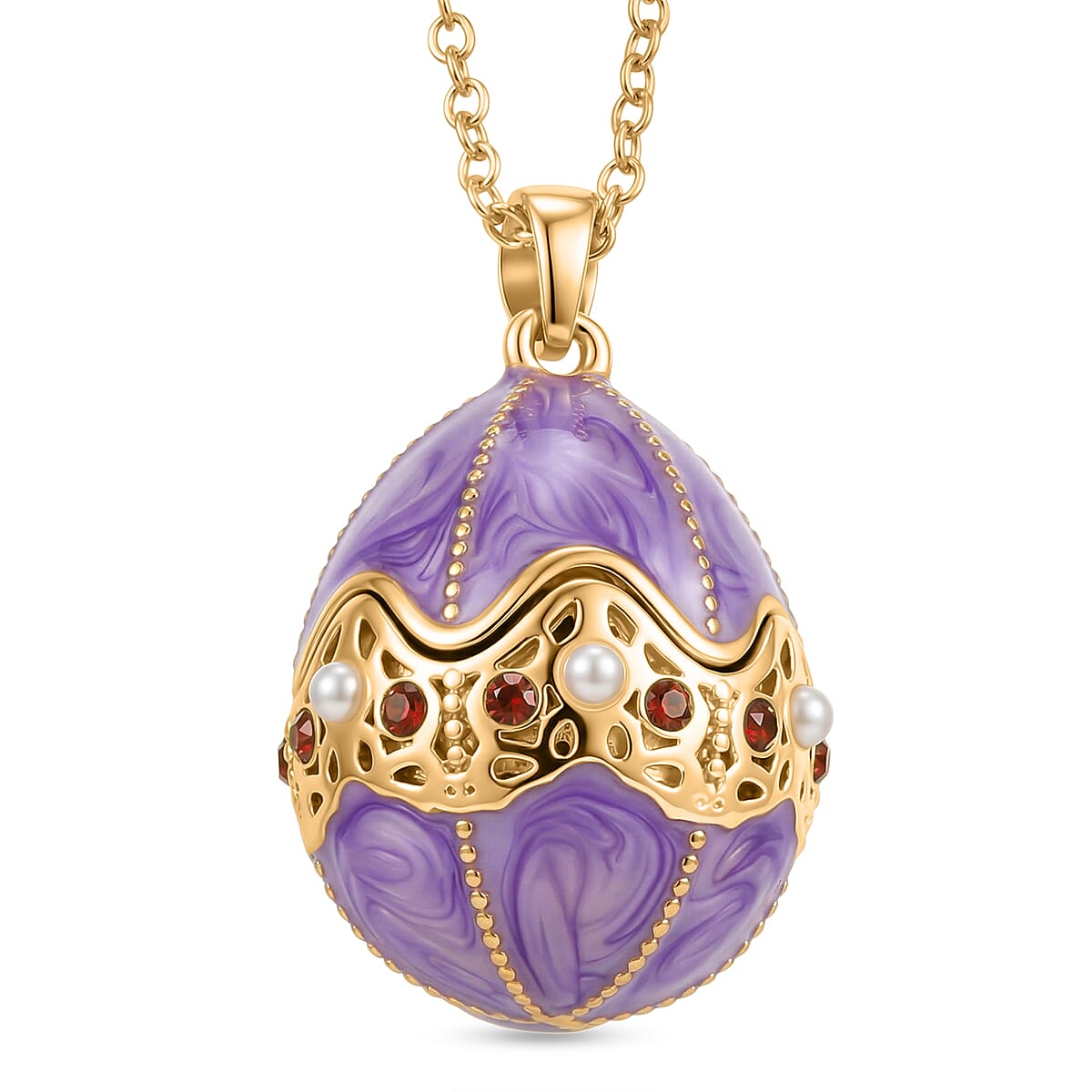 Red Crystal, Enamled & White Rasin Pearl Egg Pendant with Chain (Size 24-2 Ext) in Yellow Gold Tone