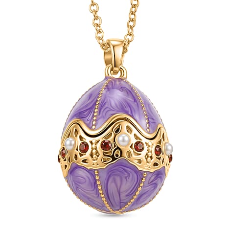 Red Crystal, Enamled & White Rasin Pearl Egg Pendant with Chain (Size 24-2 Ext) in Yellow Gold Tone