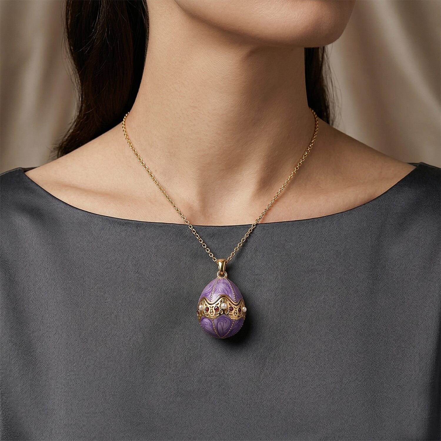 Red Crystal, Enamled & White Rasin Pearl Egg Pendant with Chain (Size 24-2 Ext) in Yellow Gold Tone