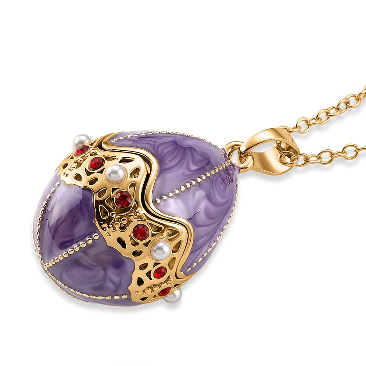 Red Crystal, Enamled & White Rasin Pearl Egg Pendant with Chain (Size 24-2 Ext) in Yellow Gold Tone