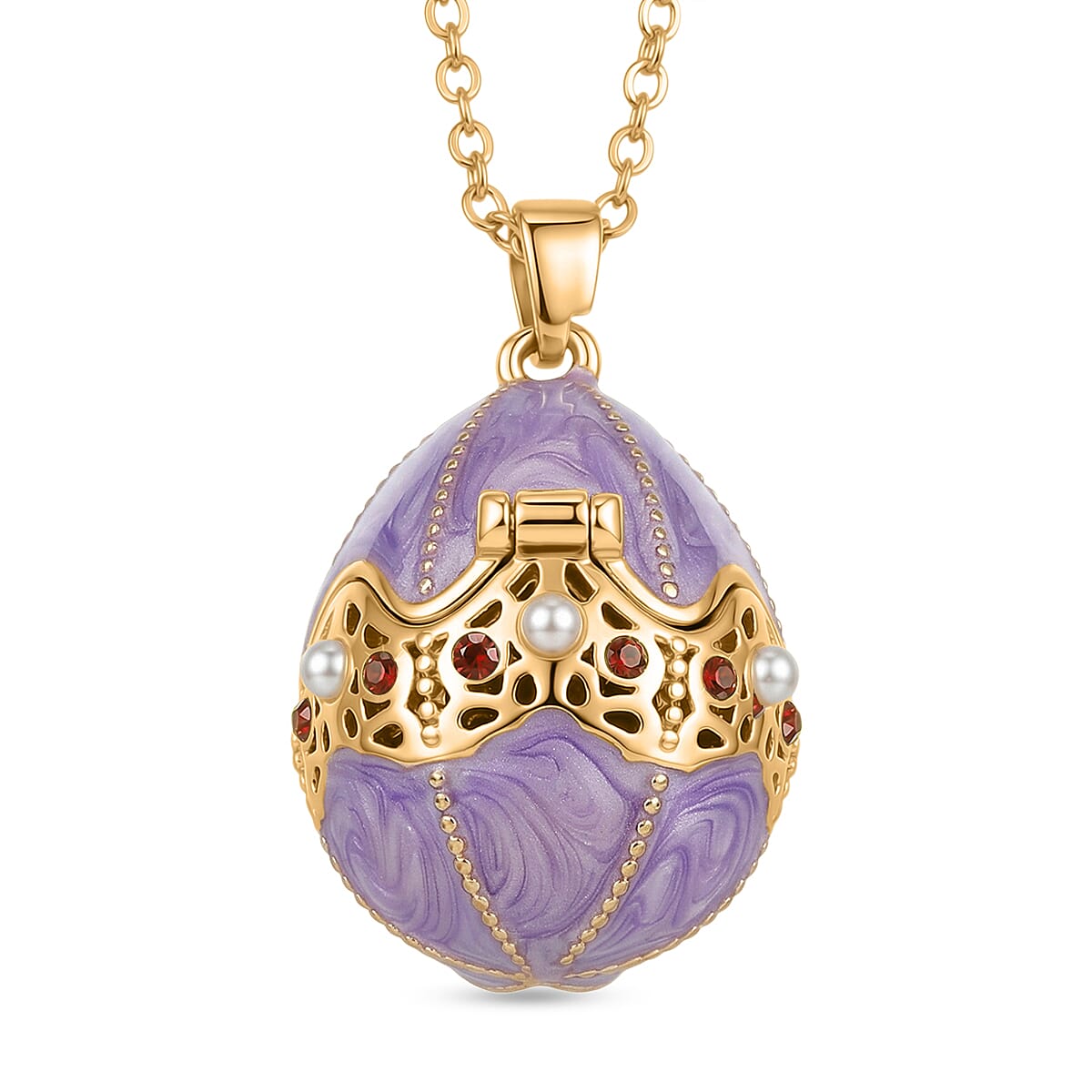 Red Crystal, Enamled & White Rasin Pearl Egg Pendant with Chain (Size 24-2 Ext) in Yellow Gold Tone