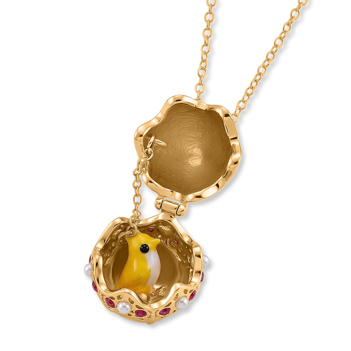 Red Crystal, Enamled & White Rasin Pearl Egg Pendant with Chain (Size 24-2 Ext) in Yellow Gold Tone