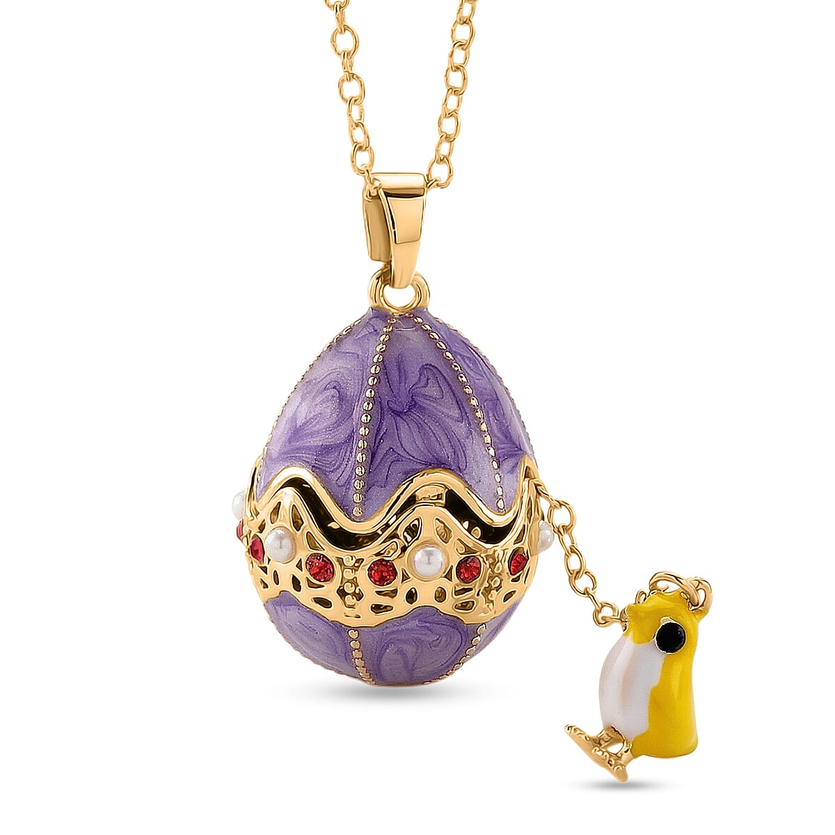 Red Crystal, Enamled & White Rasin Pearl Egg Pendant with Chain (Size 24-2 Ext) in Yellow Gold Tone