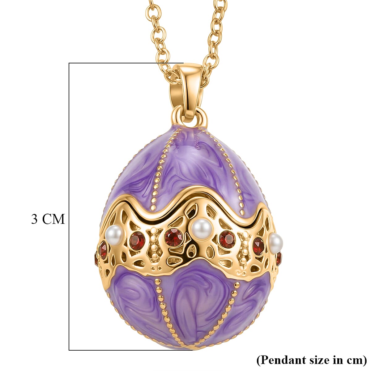 Red Crystal, Enamled & White Rasin Pearl Egg Pendant with Chain (Size 24-2 Ext) in Yellow Gold Tone