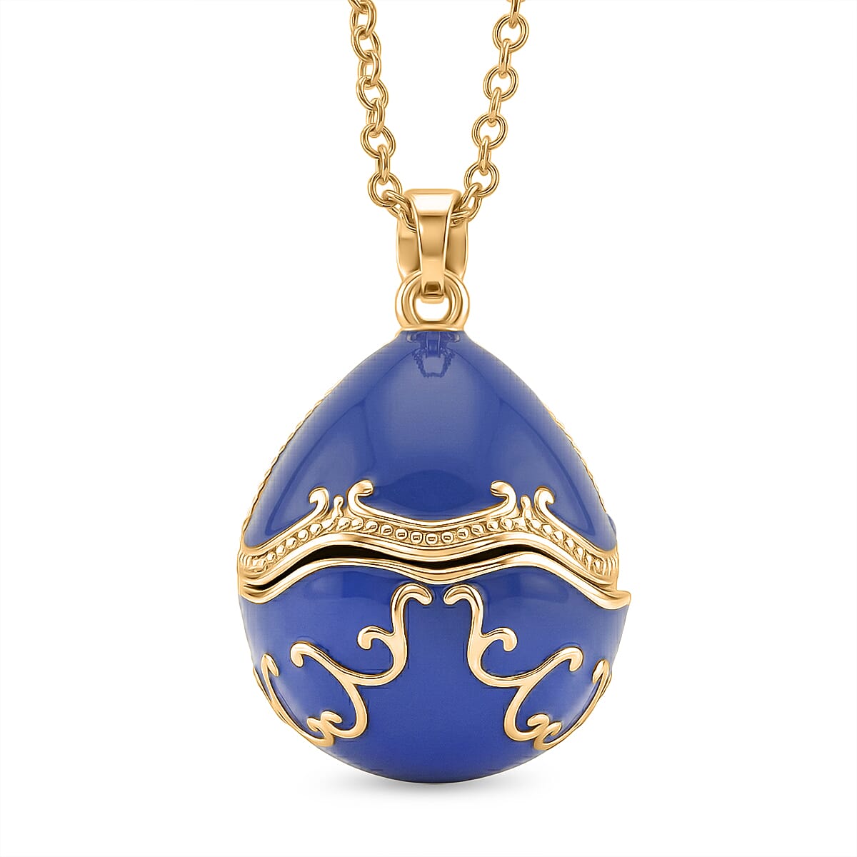 Blue Enameled Egg Pendant with Chain (Size 24-2 Ext) in Yellow Gold Tone