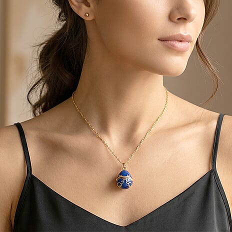 The Luxury Egg Collection -  Enamelled Egg Pendant with Chain (Size 24-2 Ext) - Blue