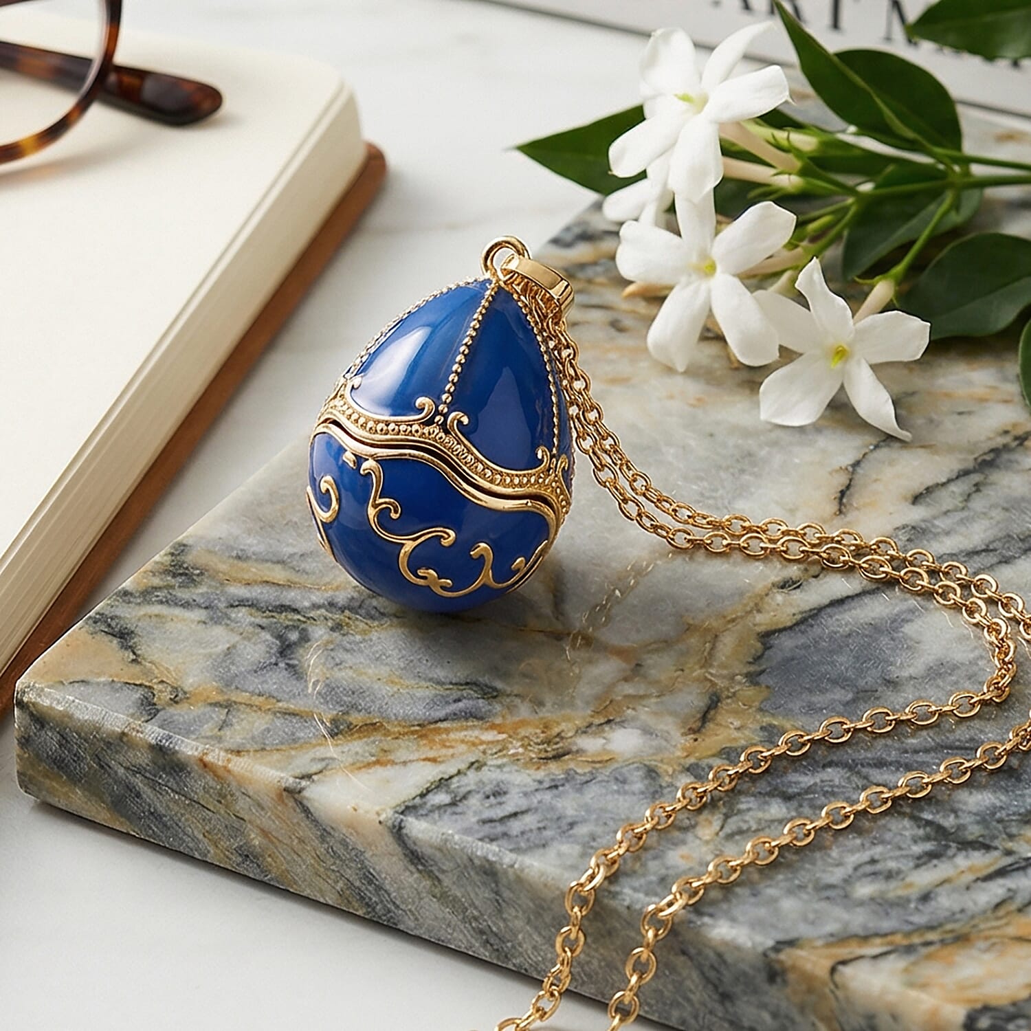 Blue Enameled Egg Pendant with Chain (Size 24-2 Ext) in Yellow Gold Tone