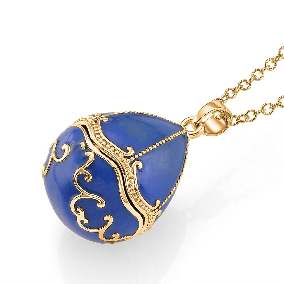 Blue Enameled Egg Pendant with Chain (Size 24-2 Ext) in Yellow Gold Tone