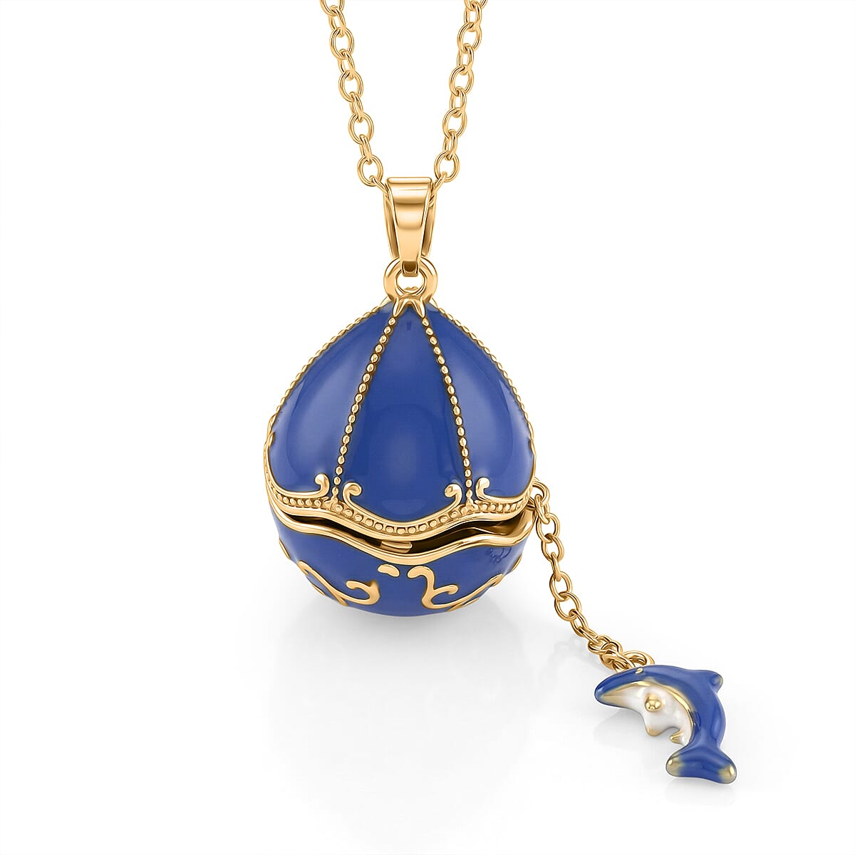 Blue Enameled Egg Pendant with Chain (Size 24-2 Ext) in Yellow Gold Tone