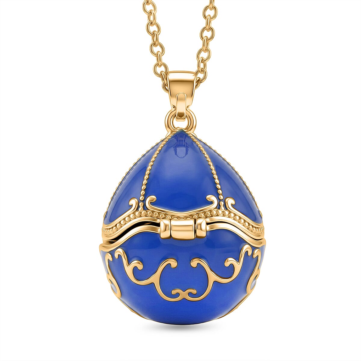 Blue Enameled Egg Pendant with Chain (Size 24-2 Ext) in Yellow Gold Tone