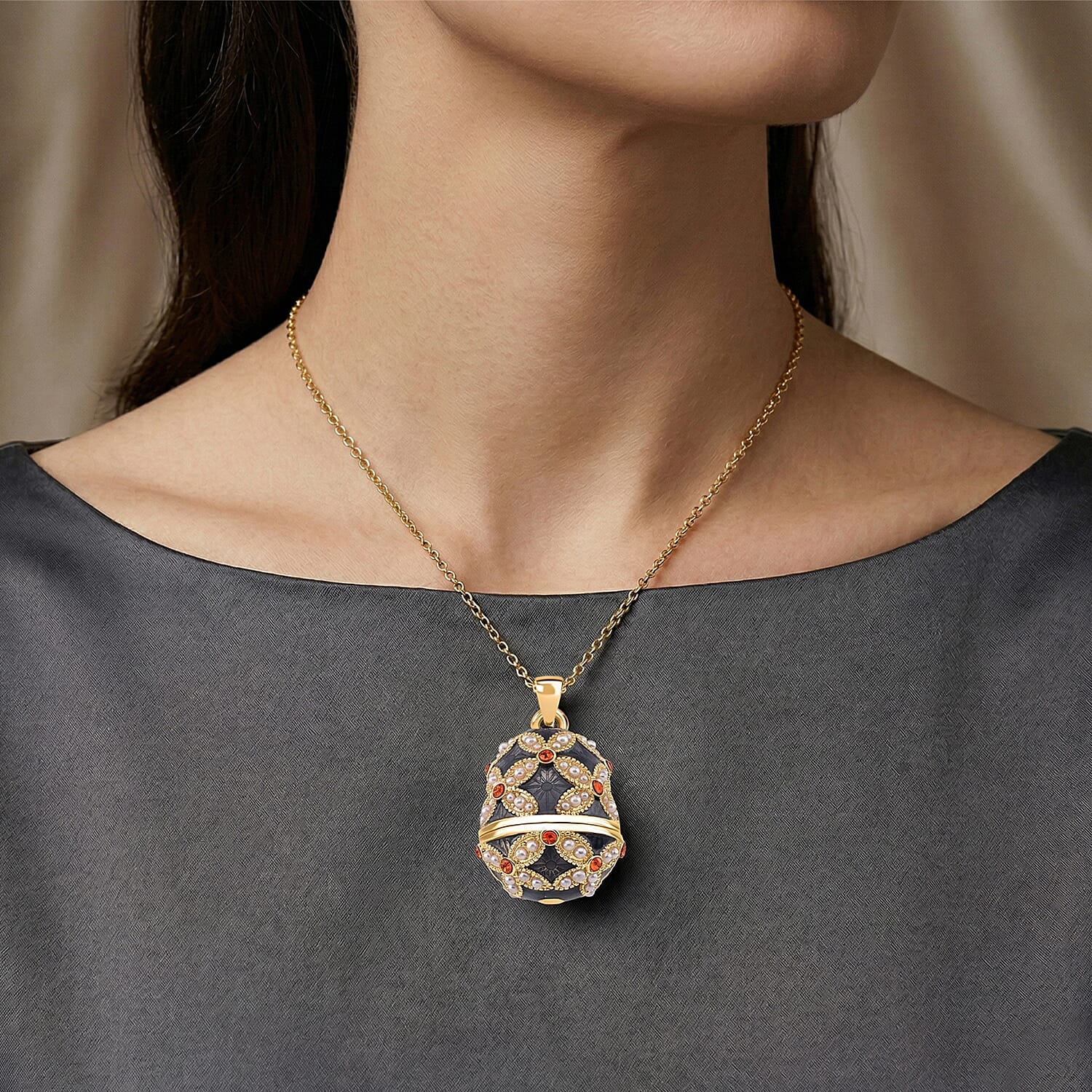 Orange Crystal, Enamled & White Resin Pearl Floral Egg Pendant with Chain (Size 24-2 Ext) in Yellow Gold Tone