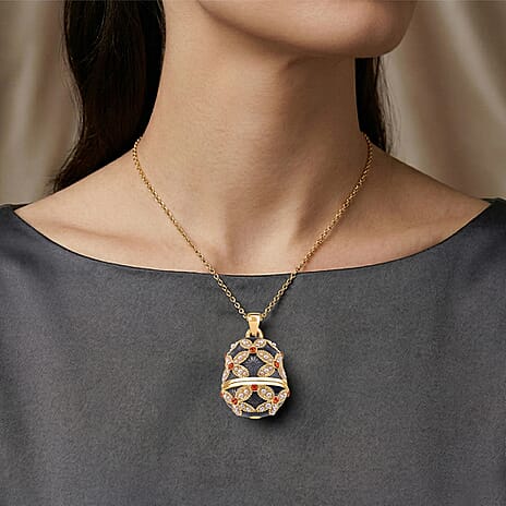 The Luxury Egg Collection - Orange Crystal & Simulated Pearl Egg Pendant with Chain (Size 24-2 Ext) - Grey