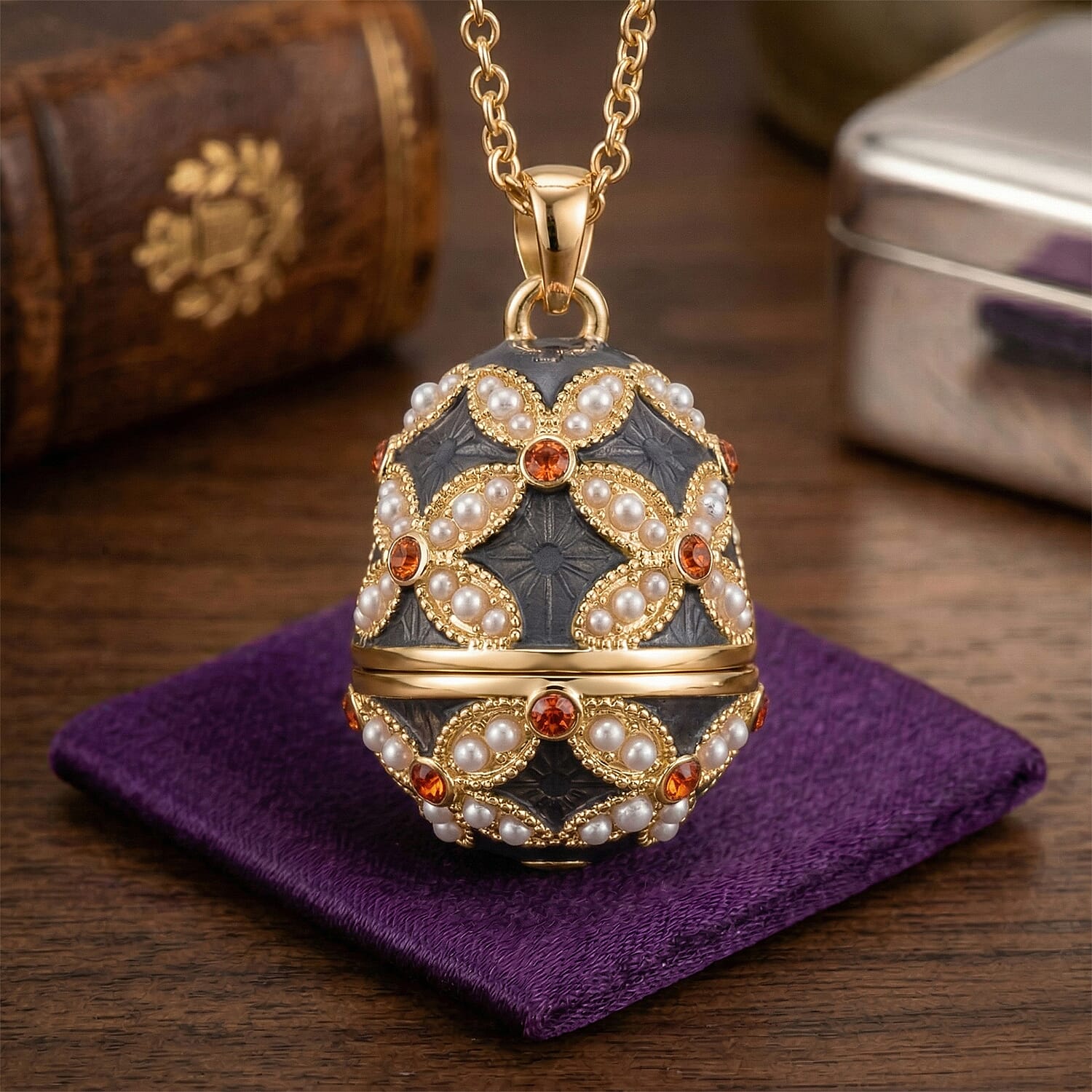 Orange Crystal, Enamled & White Resin Pearl Floral Egg Pendant with Chain (Size 24-2 Ext) in Yellow Gold Tone