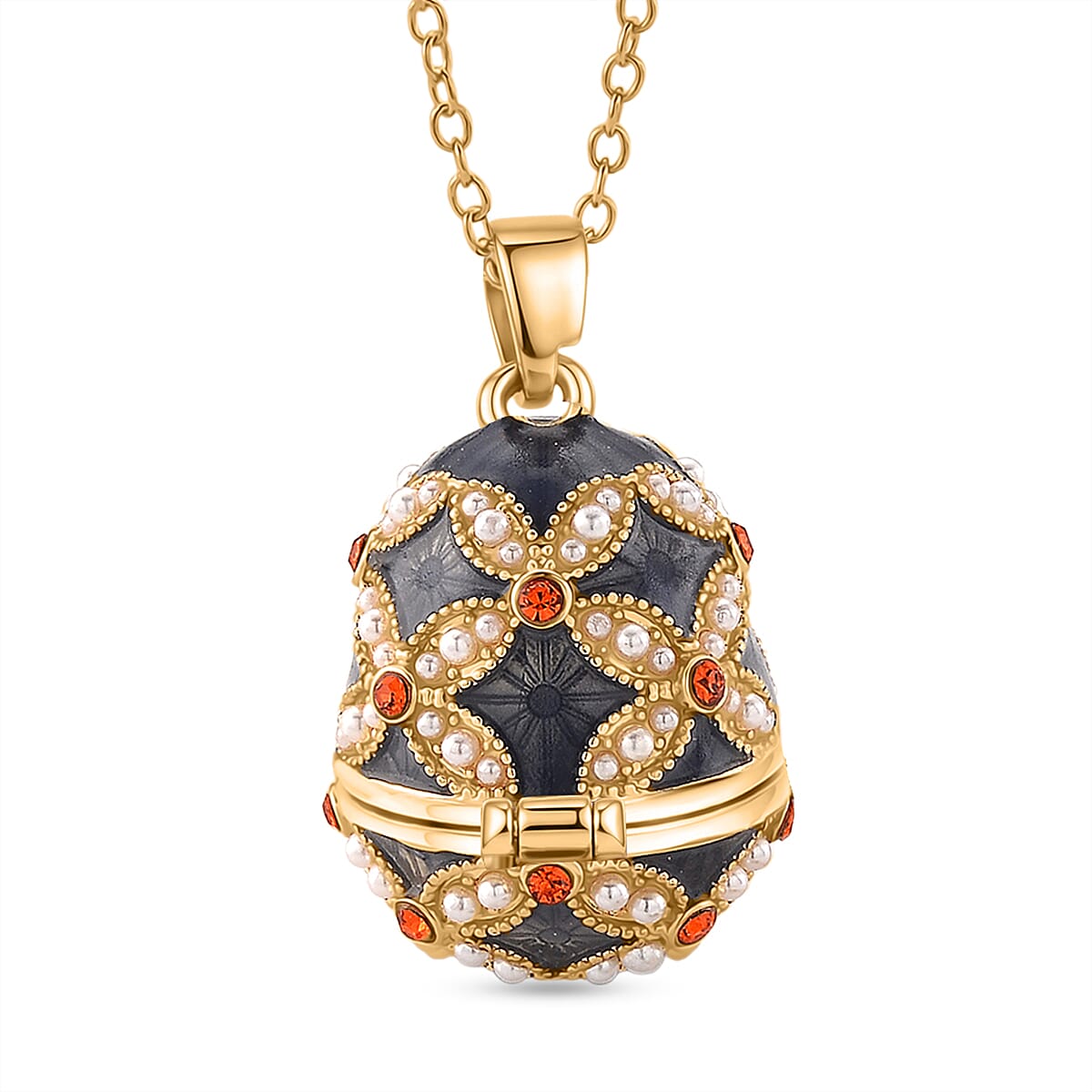 Orange Crystal, Enamled & White Resin Pearl Floral Egg Pendant with Chain (Size 24-2 Ext) in Yellow Gold Tone