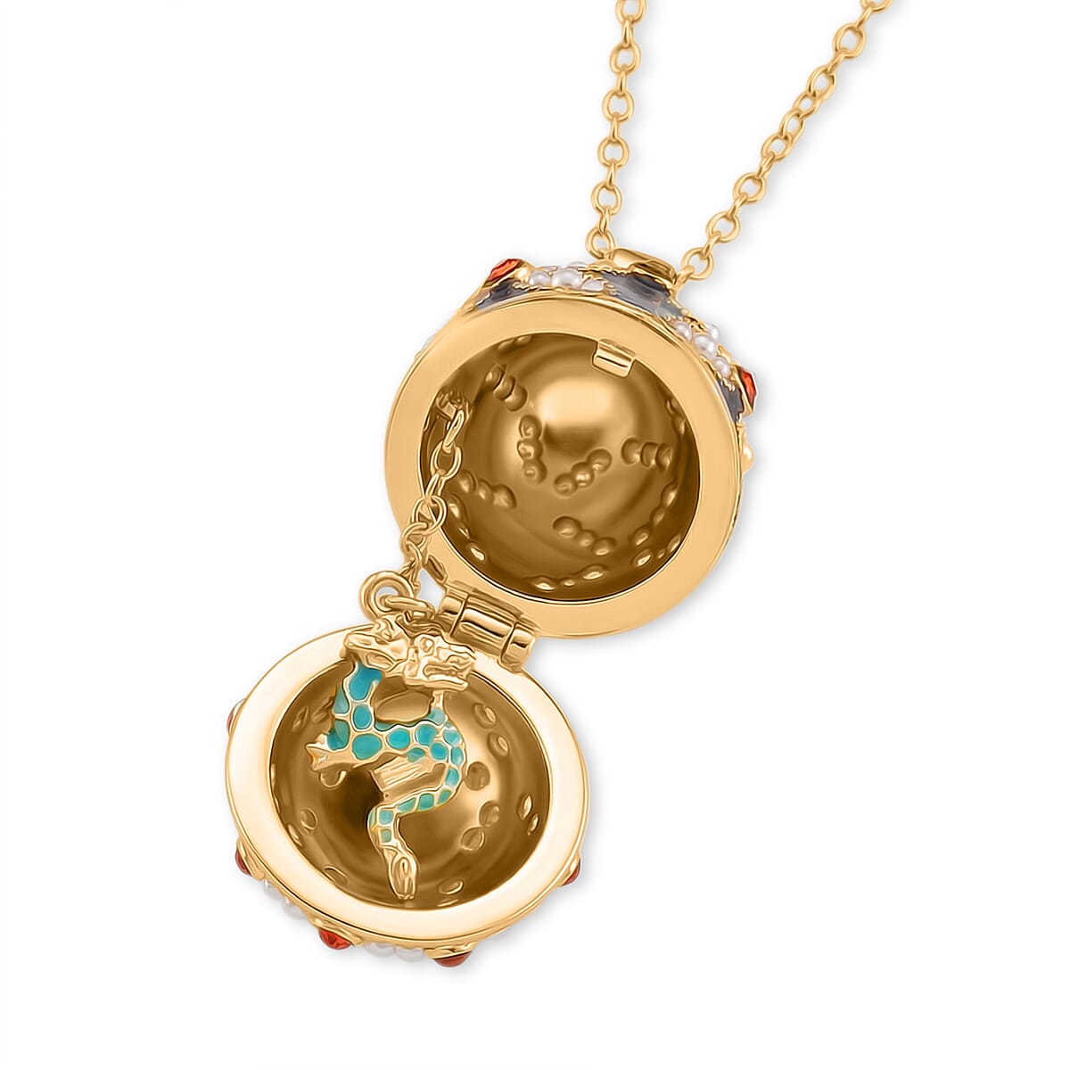 Orange Crystal, Enamled & White Resin Pearl Floral Egg Pendant with Chain (Size 24-2 Ext) in Yellow Gold Tone