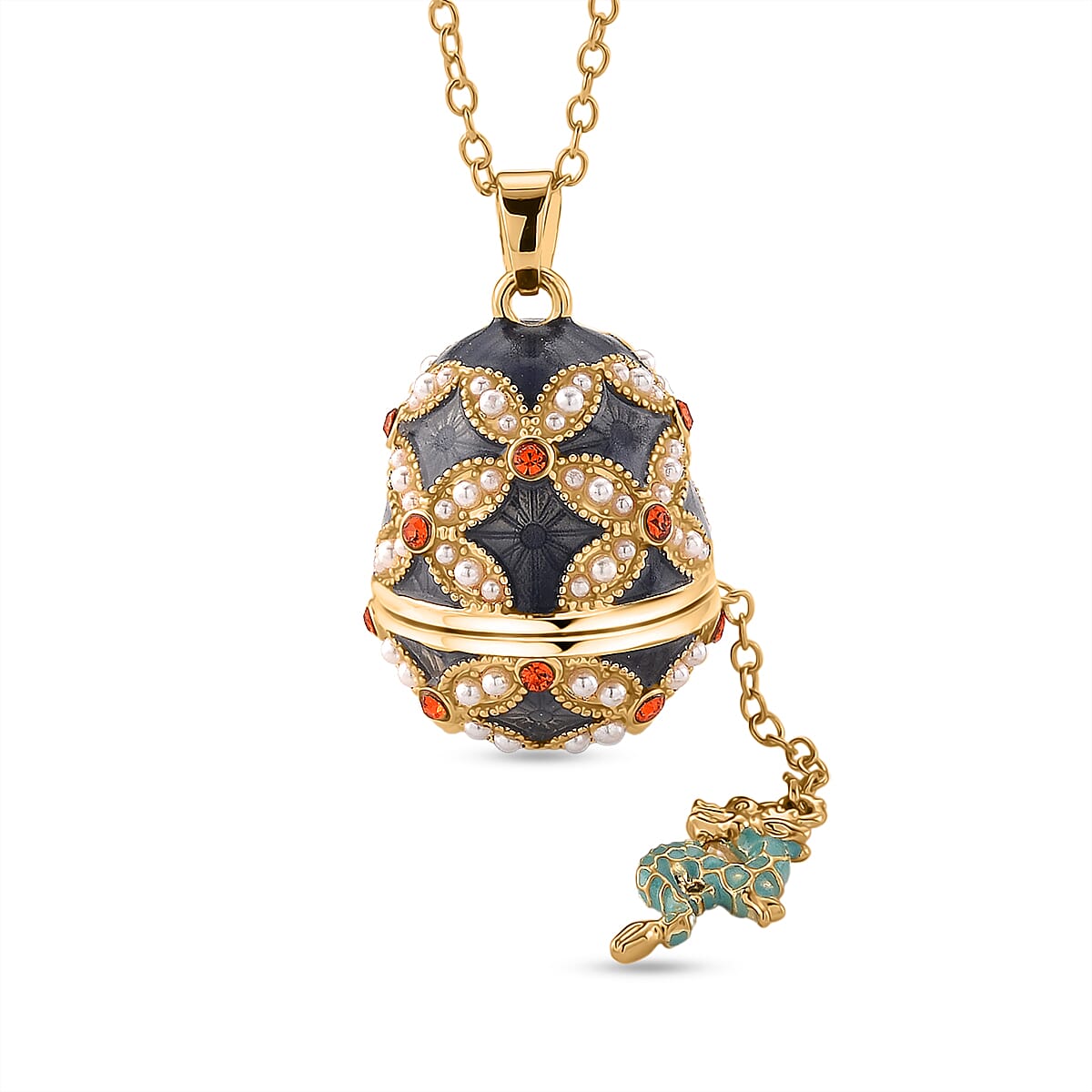 Orange Crystal, Enamled & White Resin Pearl Floral Egg Pendant with Chain (Size 24-2 Ext) in Yellow Gold Tone