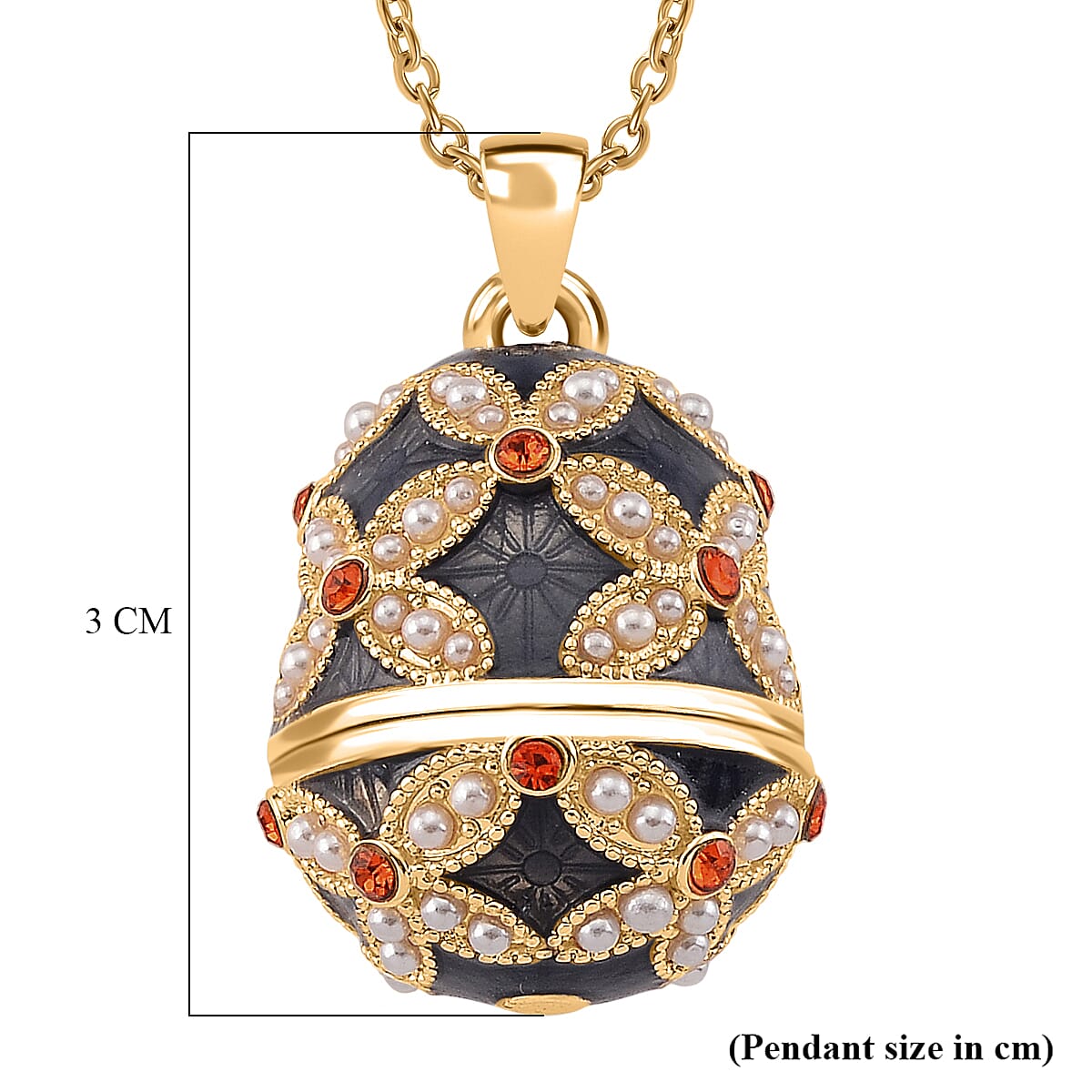 Orange Crystal, Enamled & White Resin Pearl Floral Egg Pendant with Chain (Size 24-2 Ext) in Yellow Gold Tone