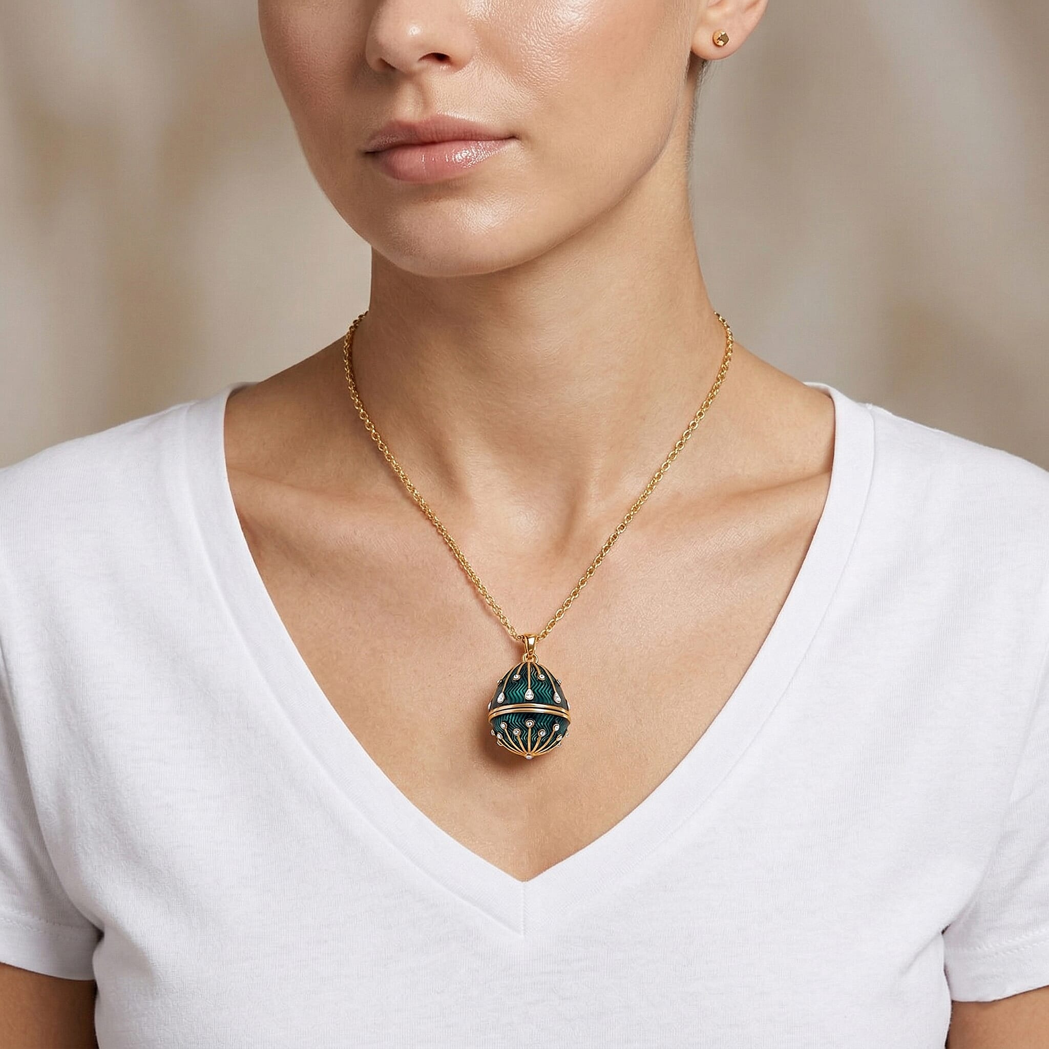 White Crystal & Multi Colour Enameld Egg Pendant with Chain (Size 24-2 Ext) in Yellow Gold Tone