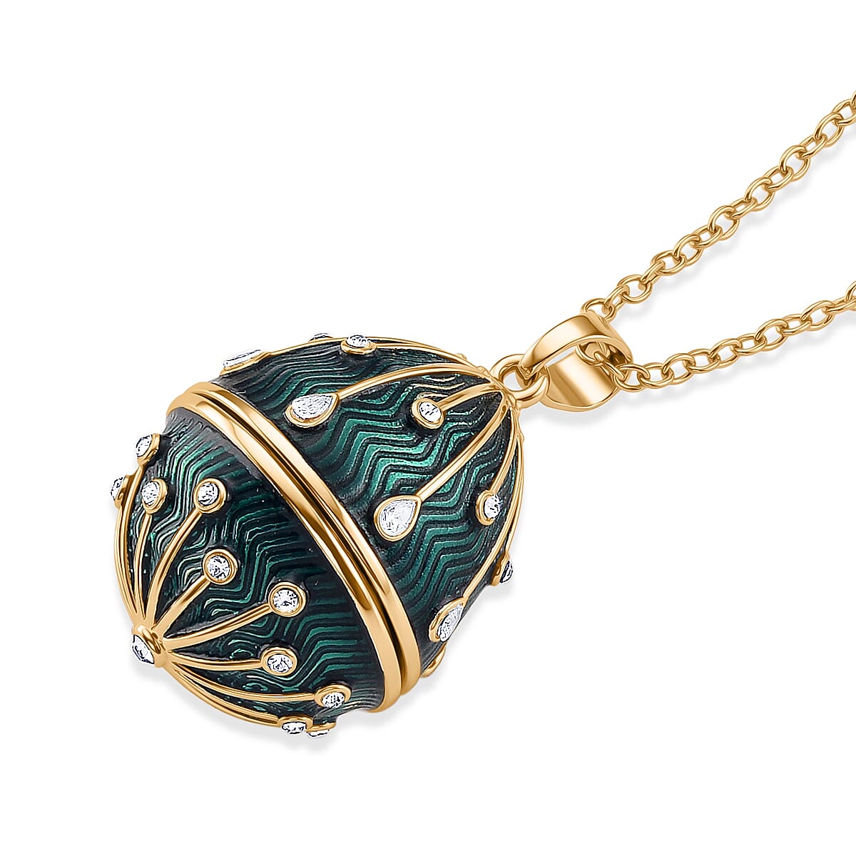 White Crystal & Multi Colour Enameld Egg Pendant with Chain (Size 24-2 Ext) in Yellow Gold Tone