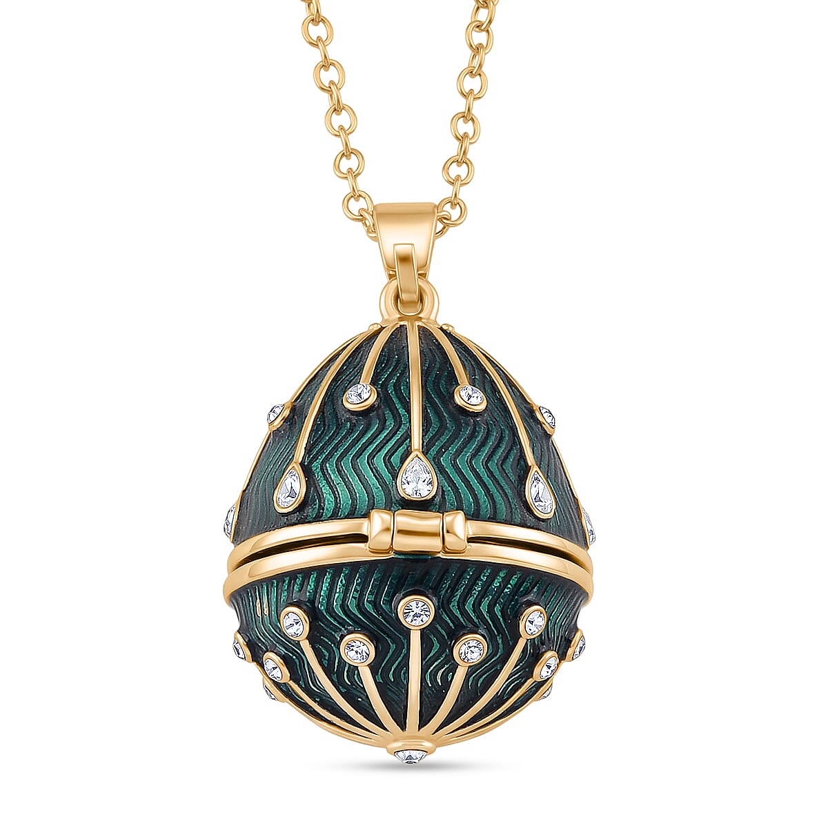 White Crystal & Multi Colour Enameld Egg Pendant with Chain (Size 24-2 Ext) in Yellow Gold Tone