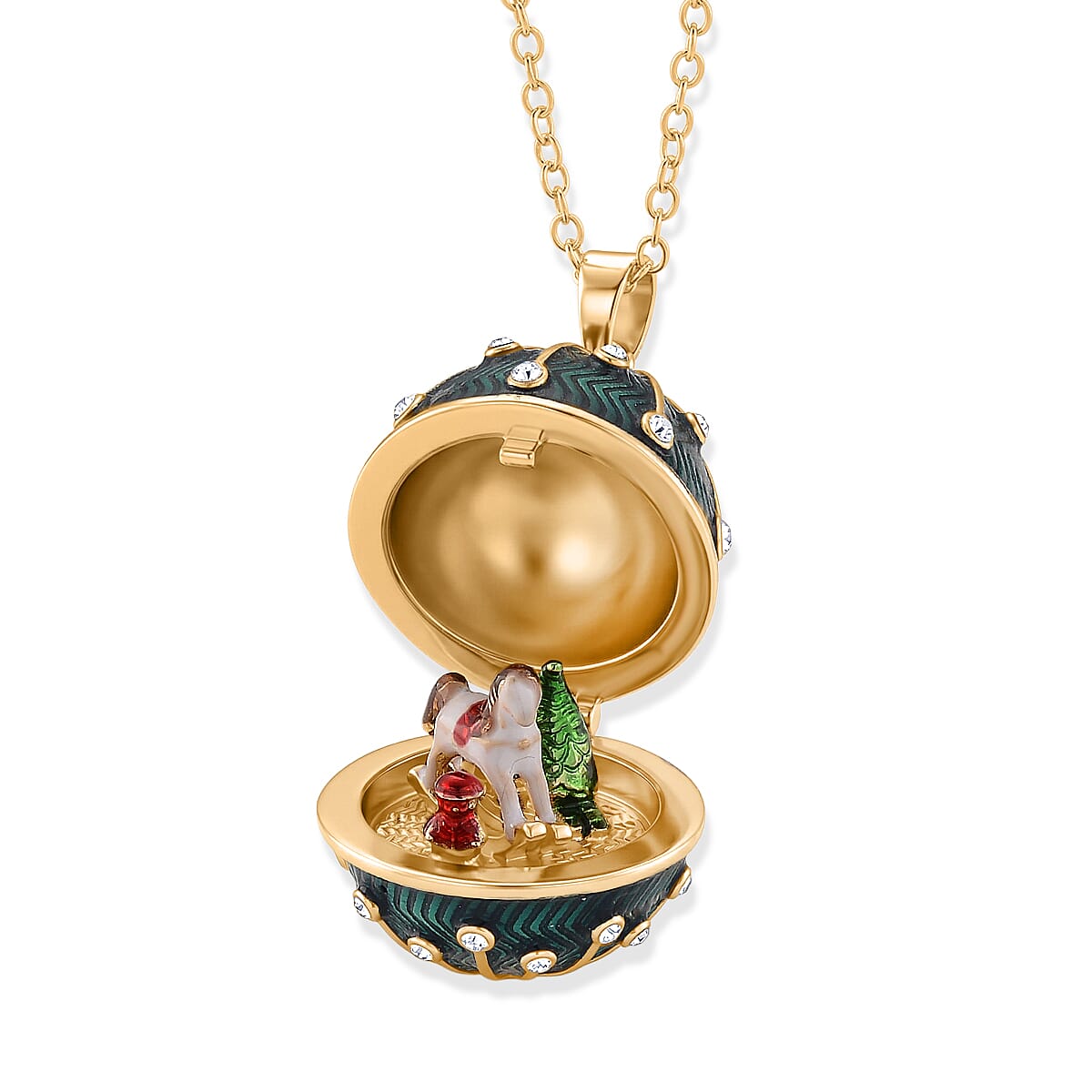 White Crystal & Multi Colour Enameld Egg Pendant with Chain (Size 24-2 Ext) in Yellow Gold Tone