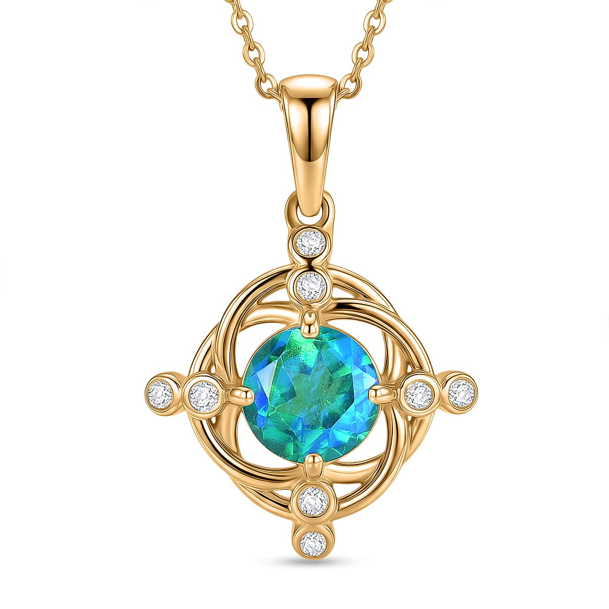 D'Joy - Peacock Triplet Quartz & White Zircon Pendant with Chain (Size 20) in Yellow Gold Plated Sterling Silver 1.56 Ct.