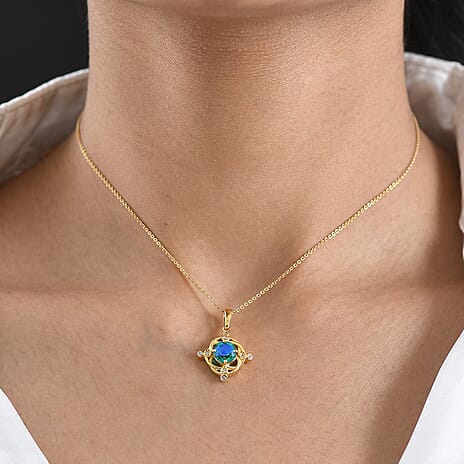 D'Joy - Peacock Triplet Quartz & White Zircon Pendant with Chain (Size 20) in Yellow Gold Plated Sterling Silver 1.56 Ct.