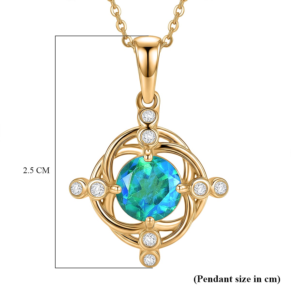 D'Joy - Peacock Triplet Quartz & White Zircon Pendant with Chain (Size 20) in Yellow Gold Plated Sterling Silver 1.56 Ct.