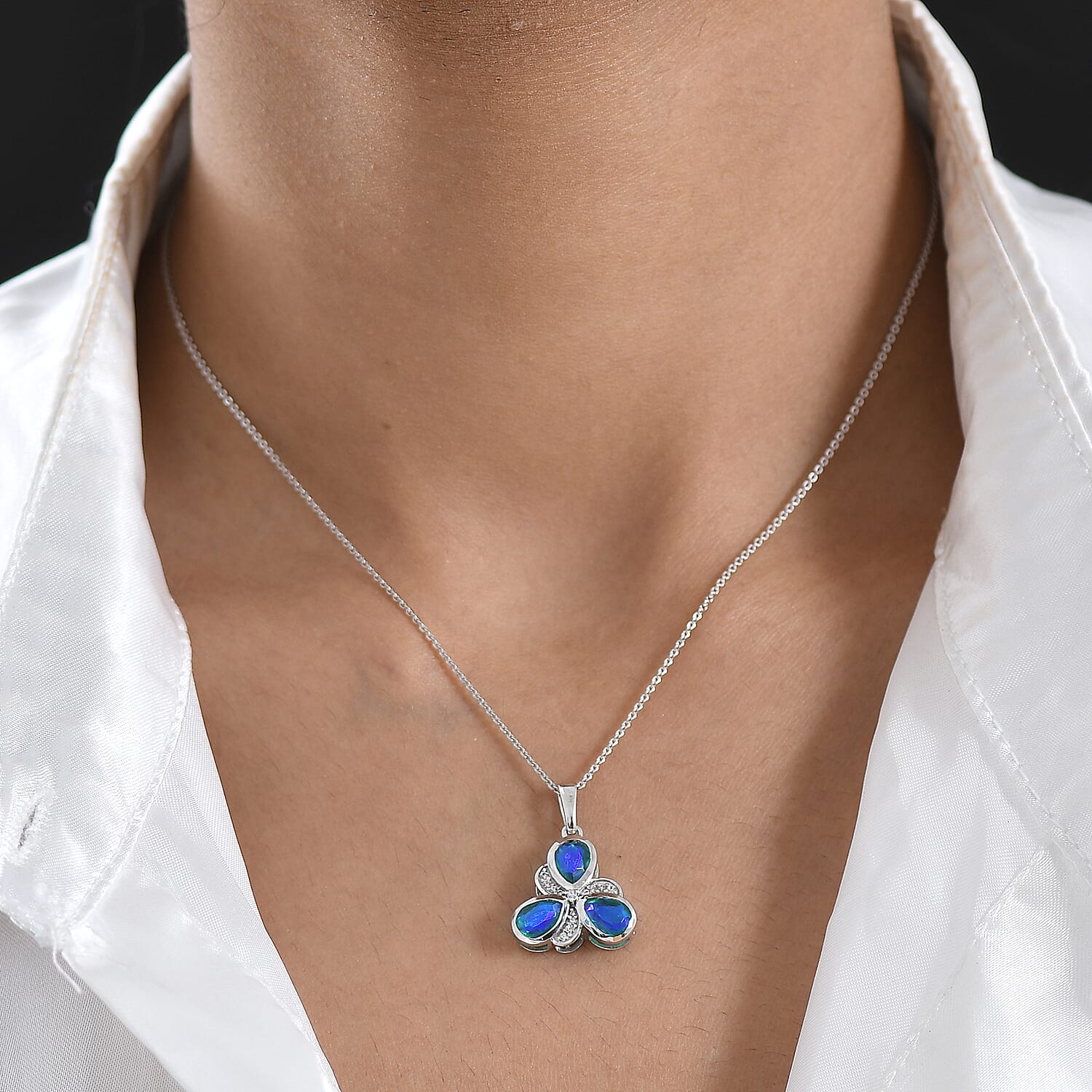 D'Joy - Peacock Triplet Quartz & White Zircon Pendant with Chain (Size 20) in Platinum Overlay Sterling Silver 2.45 Ct.