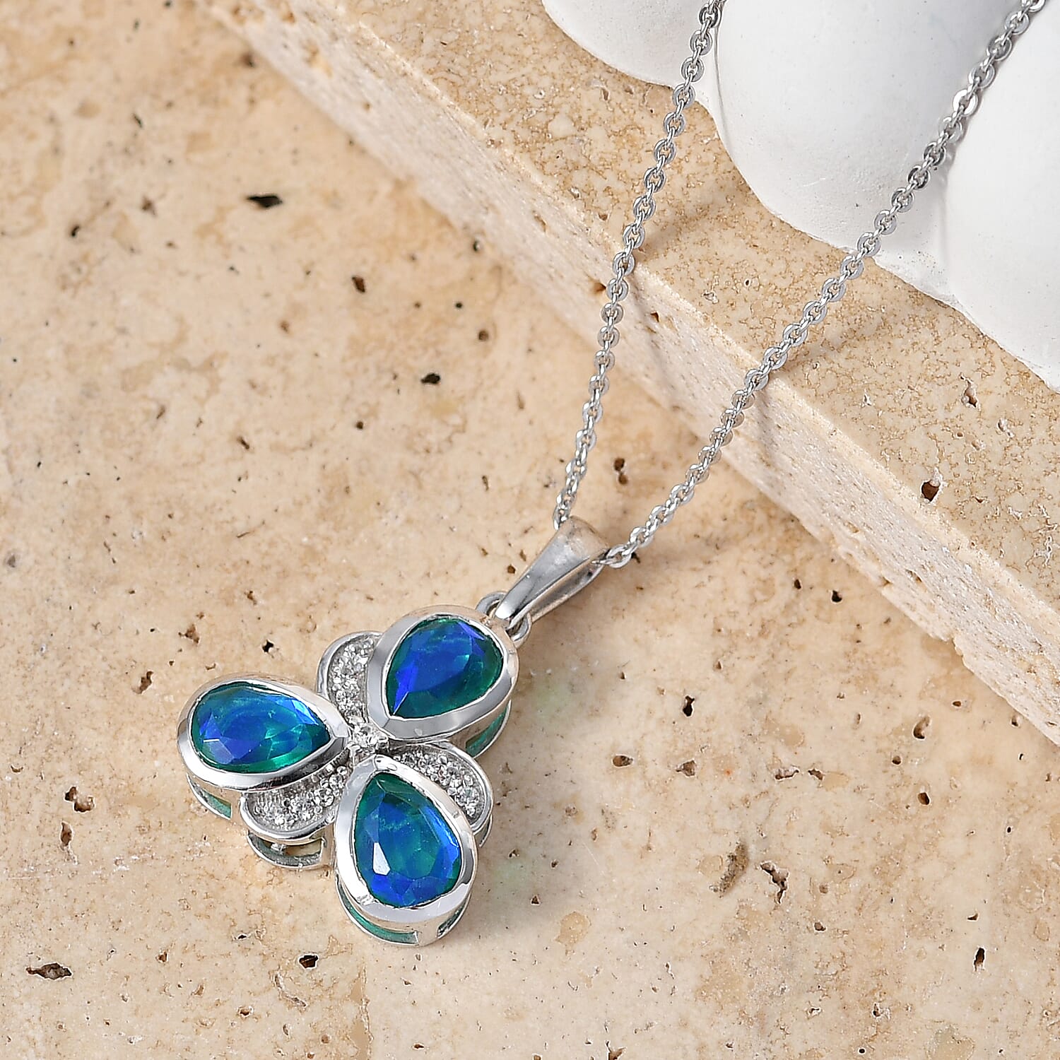 D'Joy - Peacock Triplet Quartz & White Zircon Pendant with Chain (Size 20) in Platinum Overlay Sterling Silver 2.45 Ct.