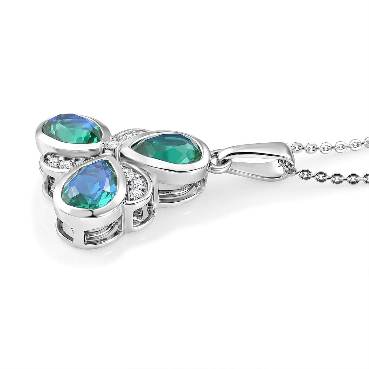 D'Joy - Peacock Triplet Quartz & White Zircon Pendant with Chain (Size 20) in Platinum Overlay Sterling Silver 2.45 Ct.