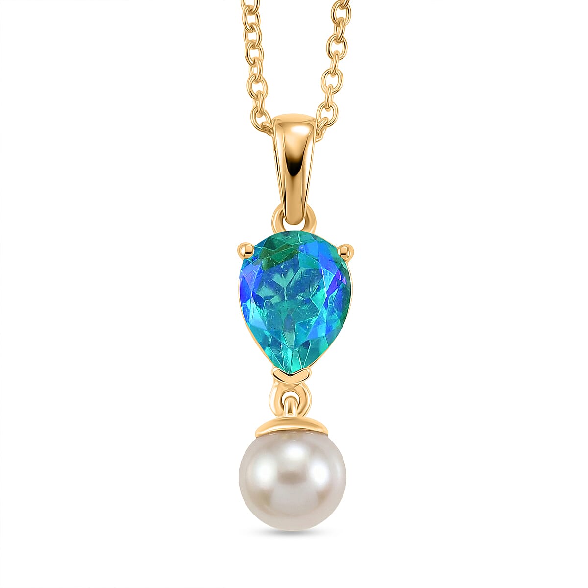 D'Joy - Peacock Triplet Quartz & Fresh Water Pearl Pendant in Yellow Gold Plated Sterling Silver with Chain (Size 20) 5.20 Ct.