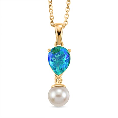 D'Joy - Peacock Triplet Quartz & Fresh Water Pearl Pendant in Yellow Gold Plated Sterling Silver with Chain (Size 20) 5.20 Ct.