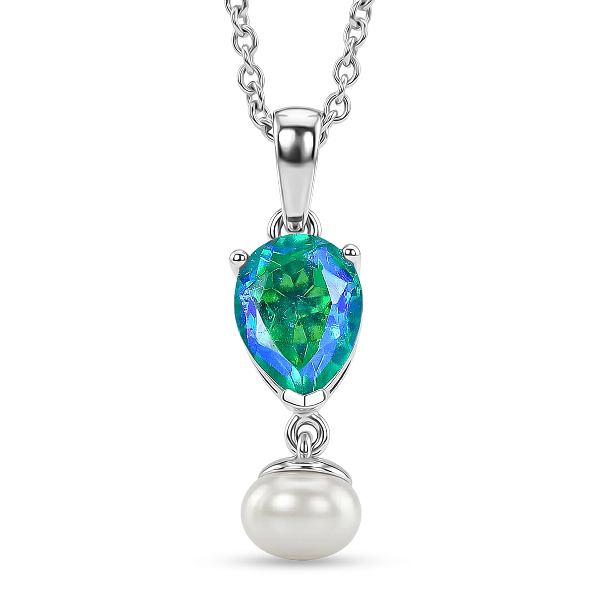 D'Joy - Peacock Triplet Quartz & Fresh Water Pearl Pendant in Platinum Overlay with Chain (Size 20) 5.20 Ct.