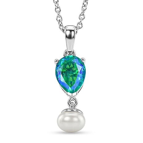 D'Joy - Peacock Triplet Quartz & Fresh Water Pearl Pendant in Platinum Overlay with Chain (Size 20) 5.20 Ct.