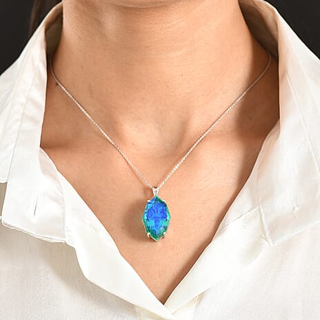 D'Joy - Peacock Triplet Quartz Pendant with Chain (Size 20) in Rhodium Overlay Sterling Silver 20.67 Ct.