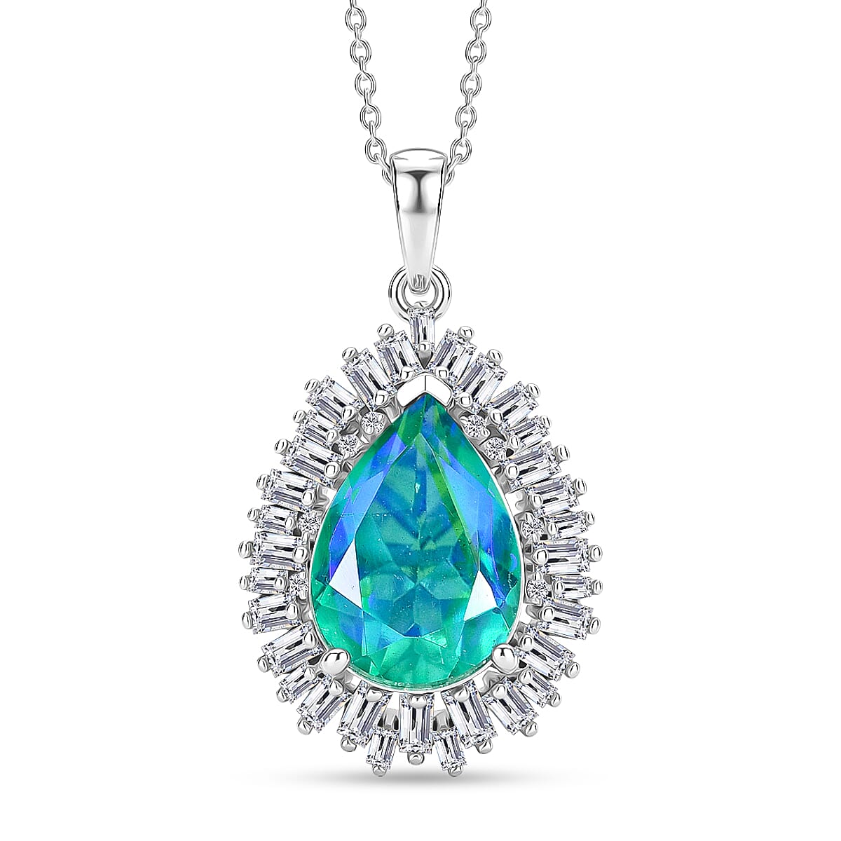 D'Joy - Peacock Triplet Quartz & Moissanite Pendant with Chain (Size 20) in Rhodium Overlay Sterling Silver 6.60 Ct.