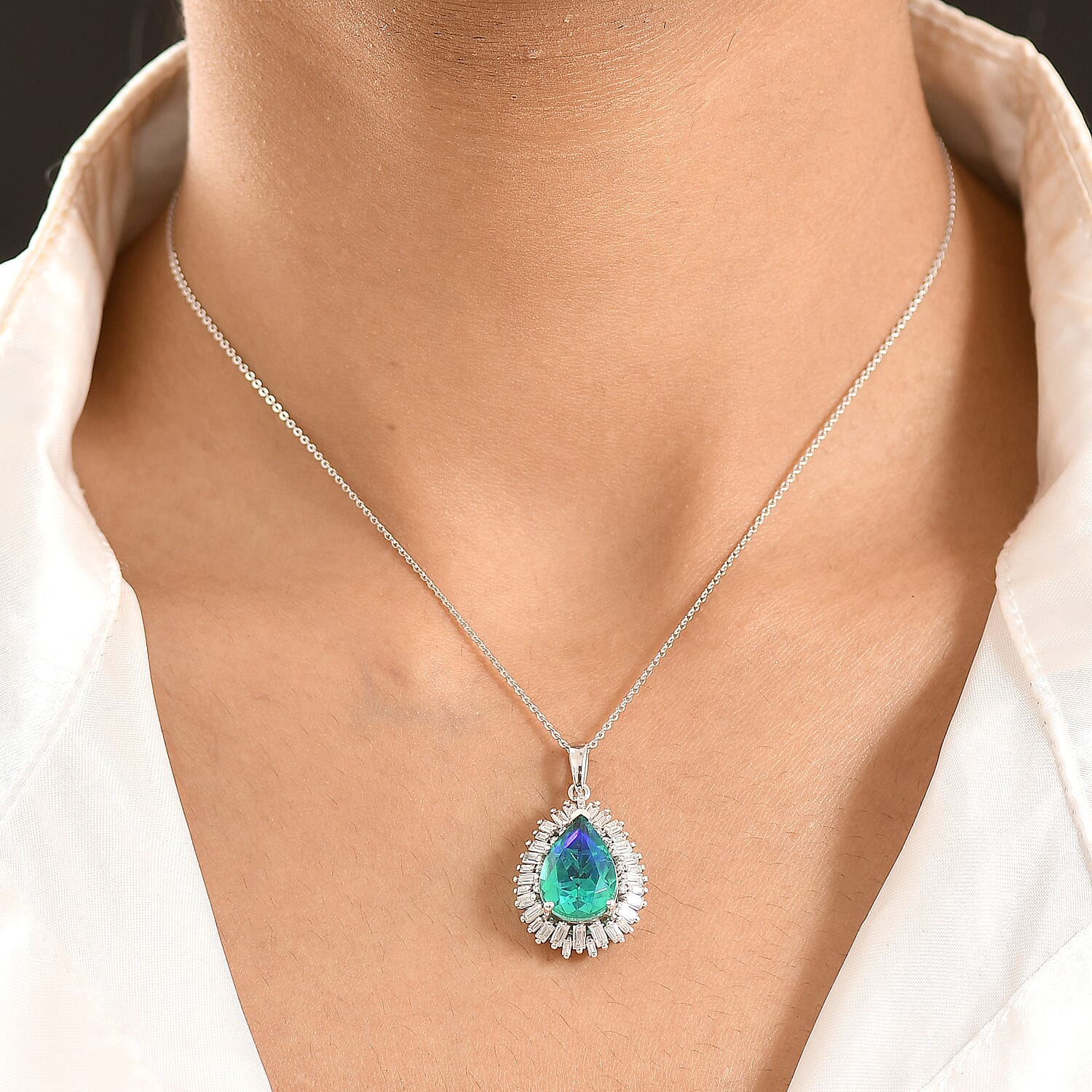 D'Joy - Peacock Triplet Quartz & Moissanite Pendant with Chain (Size 20) in Rhodium Overlay Sterling Silver 6.60 Ct.