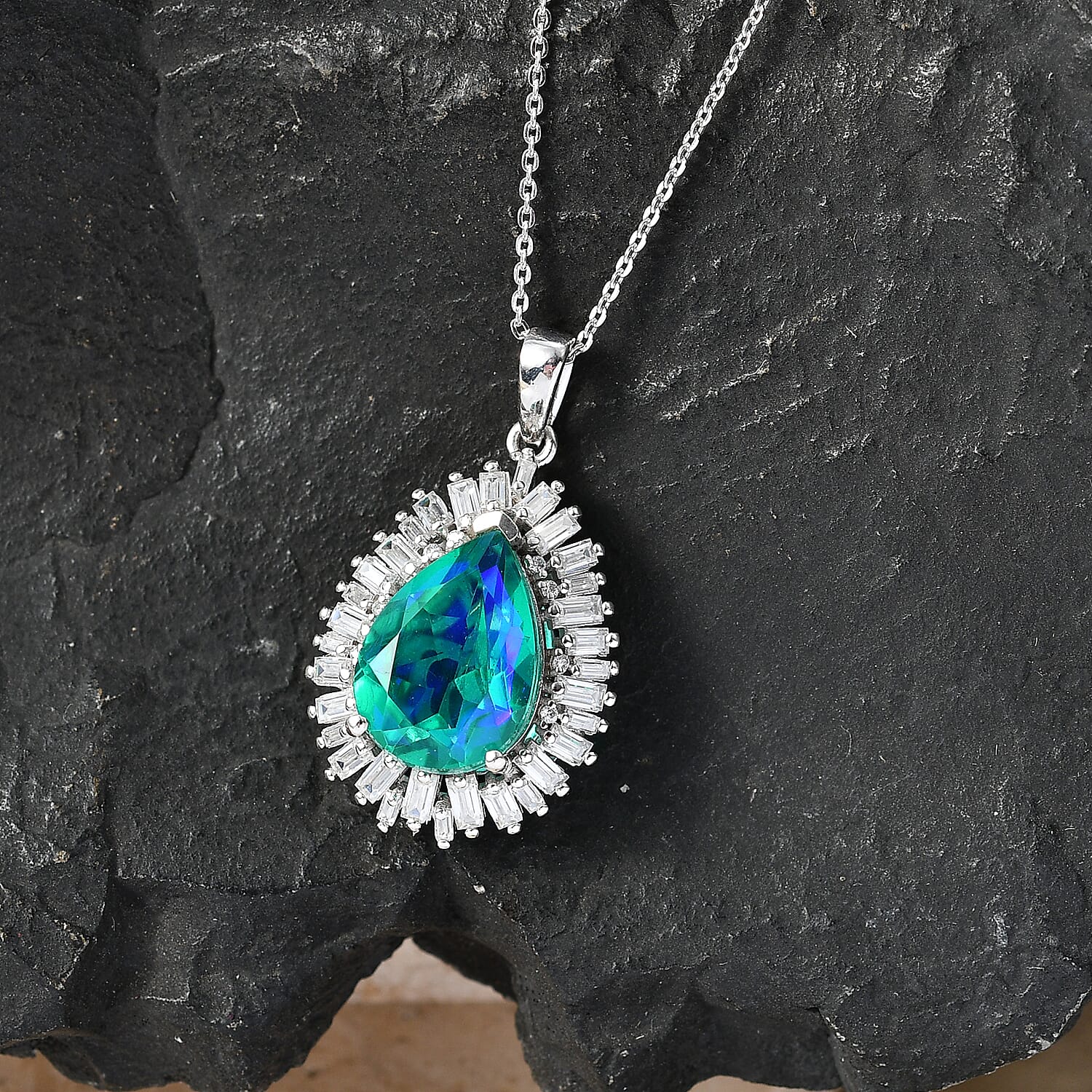 D'Joy - Peacock Triplet Quartz & Moissanite Pendant with Chain (Size 20) in Rhodium Overlay Sterling Silver 6.60 Ct.
