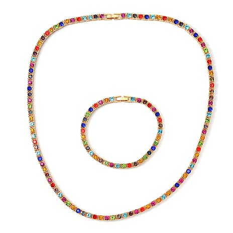 Set of 2 - Multi Color Crystal Necklace (Size - 20) & Bracelet (Size - 6.25) in Yellow Gold Tone