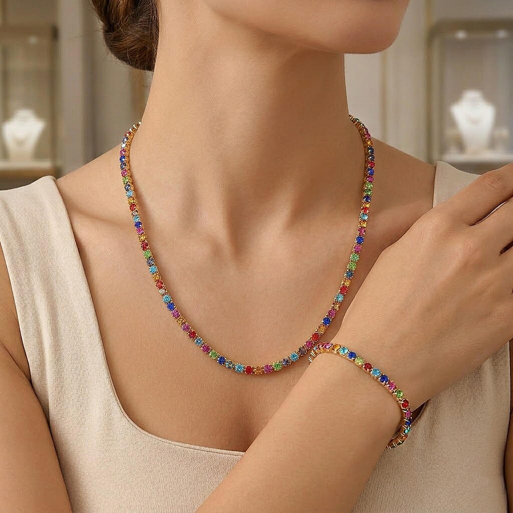Set of 2 - Multi Color Crystal Necklace (Size - 20) & Bracelet (Size - 6.25) in Yellow Gold Tone