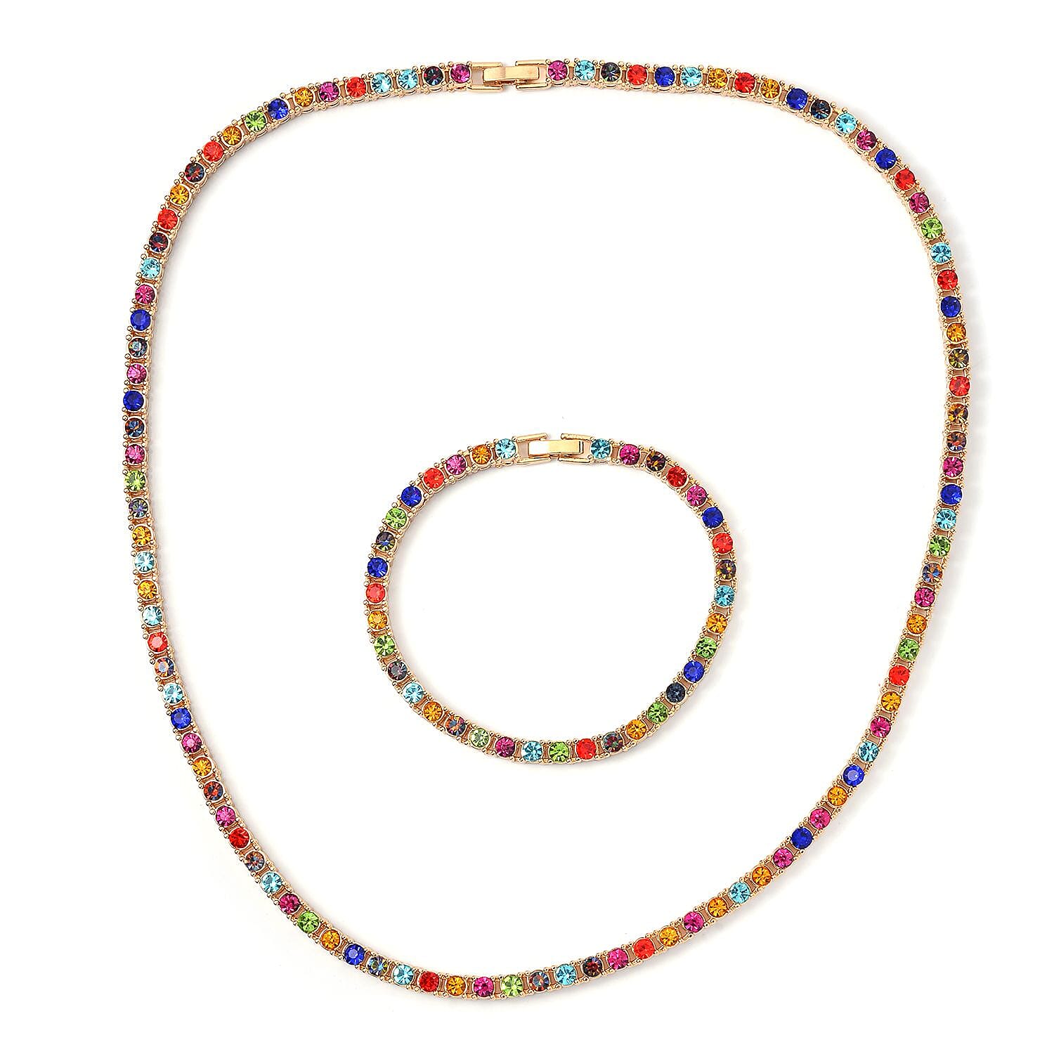 Set of 2 - Multi Color Crystal Necklace (Size - 20) & Bracelet (Size - 7) in Yellow Gold Tone