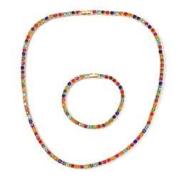 Set of 2 - Multi Color Crystal Necklace (Size - 20) & Bracelet (Size - 7) in Yellow Gold Tone